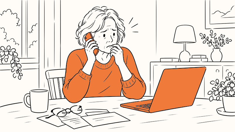 Ældre dame taler bekymret i telefon